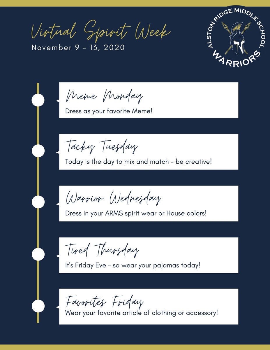 AlstonRidgeMS's tweet photo. Happy Sunday Warriors! Here is your 11/8/20 Family Message being sent tonight: https://t.co/JijBkxWxHx  We can't wait to welcome Cohort 3 students tomorrow! Be sure to read the message, there is A LOT of great info including another Spirit Week! #weARwarriors #StrengthInARMS https://t.co/DpjrHXT5qo