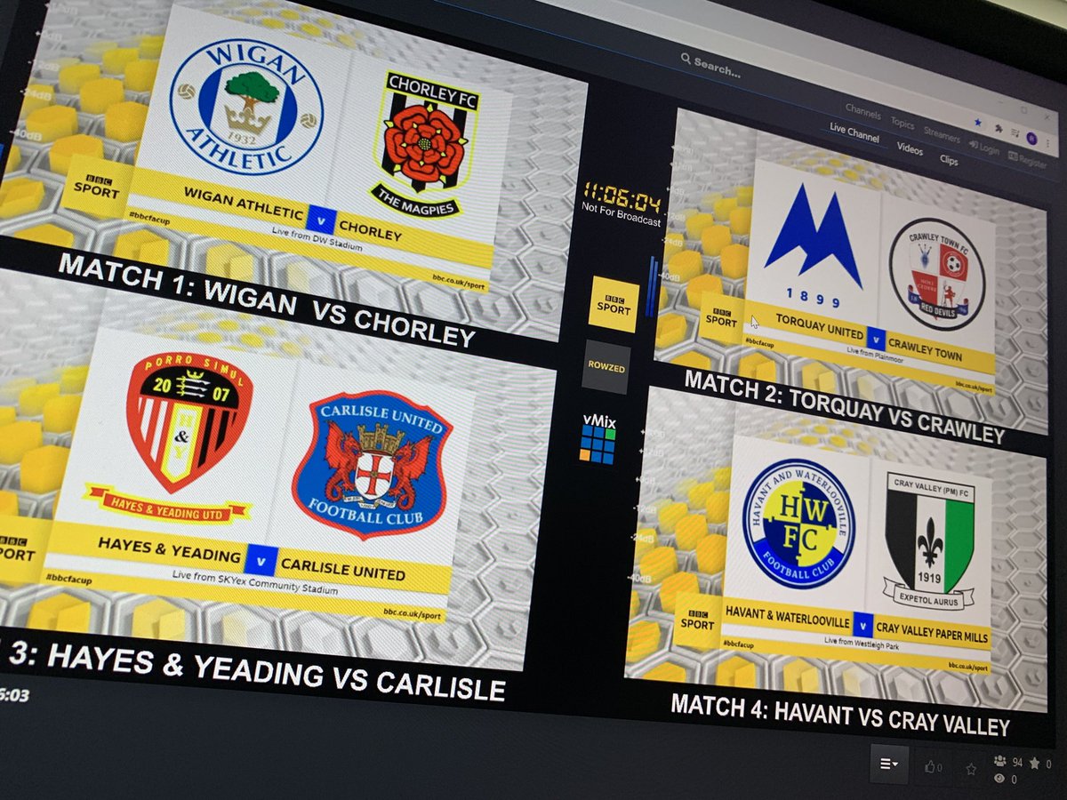 ryanwmckenna's tweet image. 8 FA Cup matches across the weekend all done with @BBCDesignScot’s RowZed app. A mix of cloud and TV gallery-based production.

And 6 concurrent matches played today, a few giants knocked out!

@JAStewart