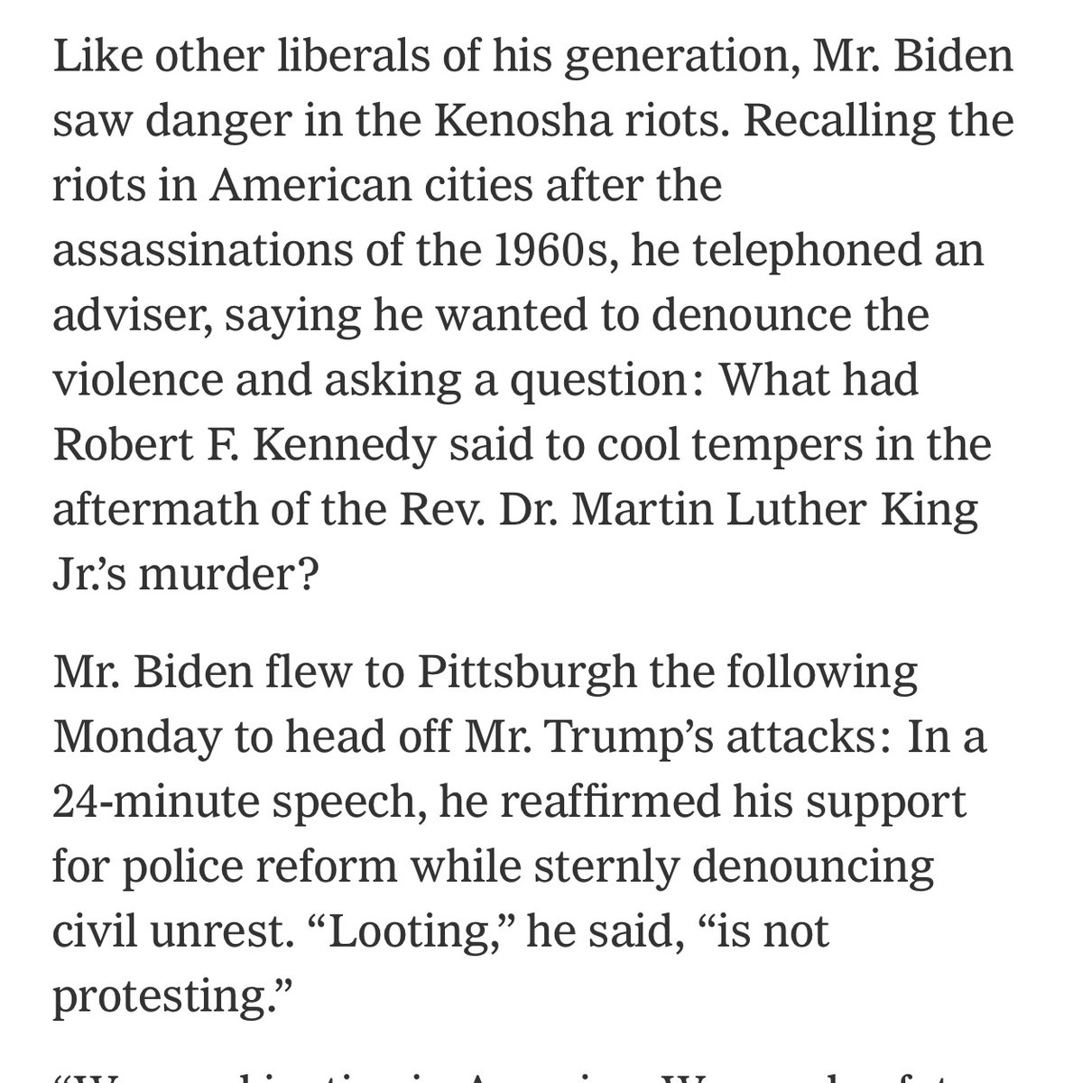 The most dangerous moment of the general election for Biden may have come with Trump’s law-and-order onslaught after Kenosha. It was not just anxious Dem voters of a certain generation who heard the echo of 1968. So did Biden, and he acted accordingly. https://www.nytimes.com/2020/11/07/us/politics/joe-biden-president.html