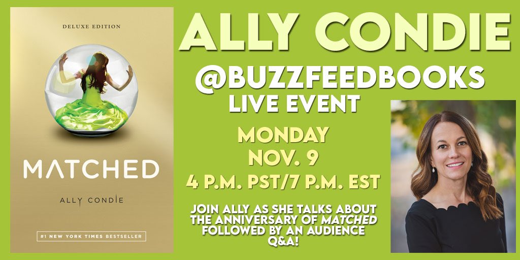 Tomorrow, join <a href="/allycondie/">Ally Condie</a> on the <a href="/BuzzFeedBooks/">BuzzFeed Books</a> Instagram page for a Live Event to talk all things Matched!

Tune in tomorrow @ 7 PM EST / 4 PM PST ➡️ instagram.com/buzzfeedbooks