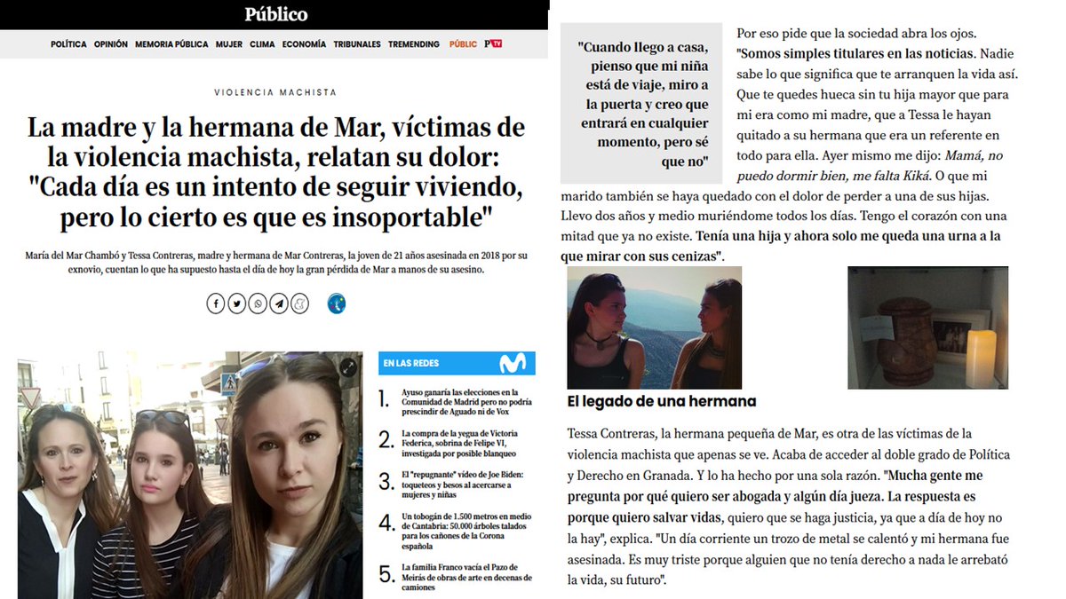 Cada asesinato #machista no acaba solo con los sueños de una mujer. 

También con los de otras #víctimas q no se ven.

Entrevisto a #MaríadelMarChambó y #TessaContreras, madre y hermana de #MarContreras, la joven de 21 años asesinada en 2018 por su exnovio vía <a href="/publico/">Público</a>