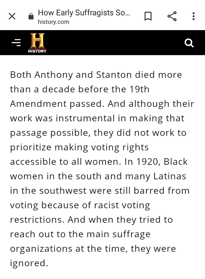 We know that THIS election Biden/Harris win was due to the organizing and voting behavior specif of Black women/ppl. The VP is a Black (& Indian) wman.It is a historical fact that Susan B Anthony is NOT a hero of suffrage/voting rights for Black anybody. https://www.history.com/news/suffragists-vote-black-women