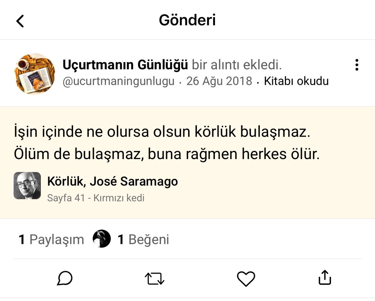 -İşin içinde ne olursa olsun #körlük bulaşmaz.
-Ölüm de bulaşmaz, buna rağmen herkes ölür. 
                     JOSE SARAMAGO