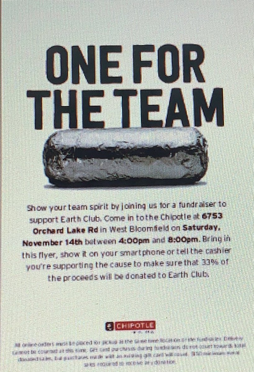 wbhsEARTH's tweet photo. Come support Earth Club on Saturday, November 14th at Chipotle between 4-8 pm! Make sure to show this flyer! #joinus https://t.co/mLMS4etP31