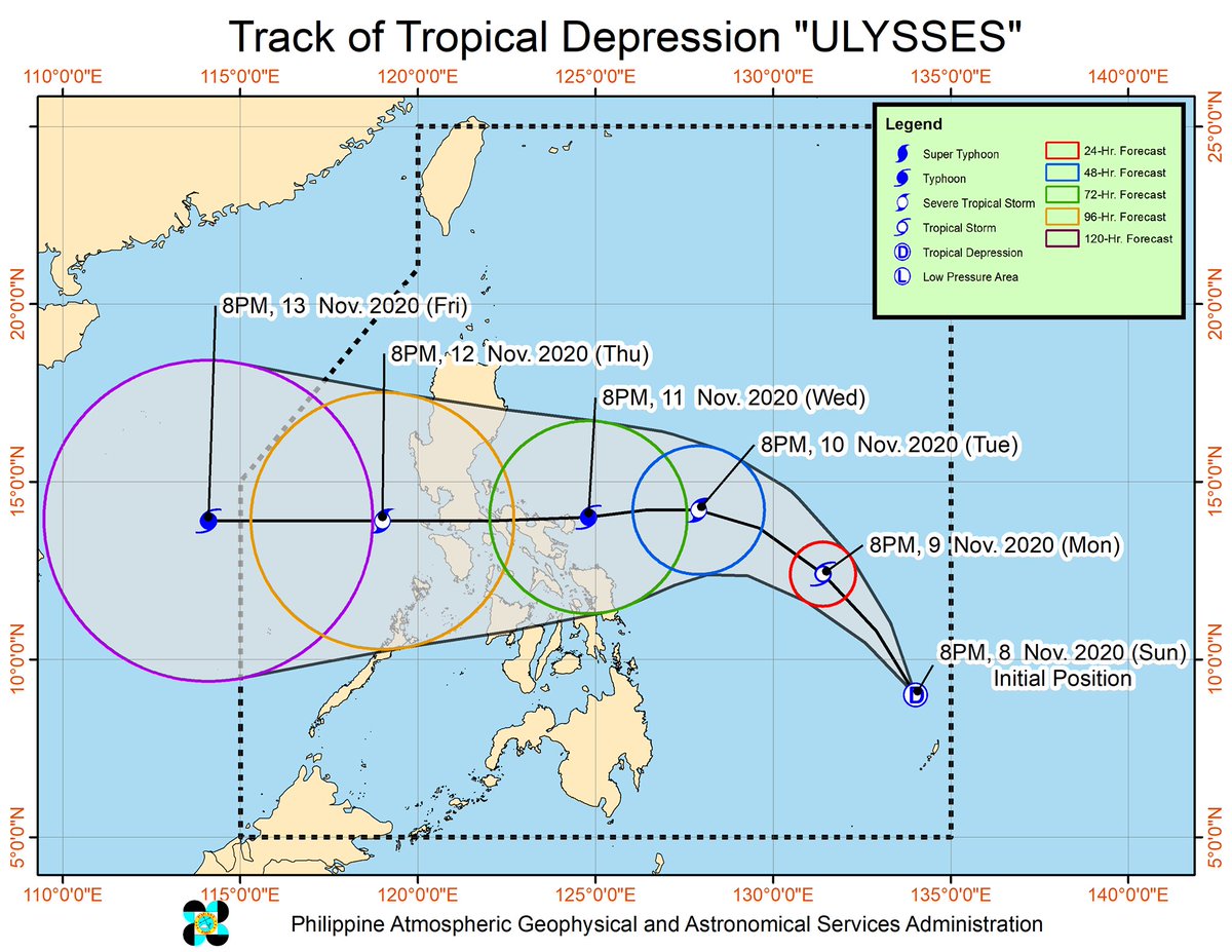 inquirerdotnet's tweet photo. JUST IN: @dost_pagasa warns that Tropical Depression Ulysses may intensify up to a typhoon category cyclone before making landfall over Bicol Region around Wednesday. (Photos: @dost_pagasa) | @GabrielLaluINQ #UlyssesPH https://t.co/skxr9hb9LB