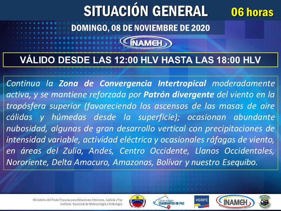 InamehVenezuela's tweet photo. #8Nov #INAMEHInforma Condiciones Meteorológicas próximas 06 Horas. #Reporte de las 12:00 HLV @tutiempopereira @NicolasMaduro @MIJPVenezuela_ #AutodisciplinaPorLaSalud https://t.co/UbdAHyjrcB