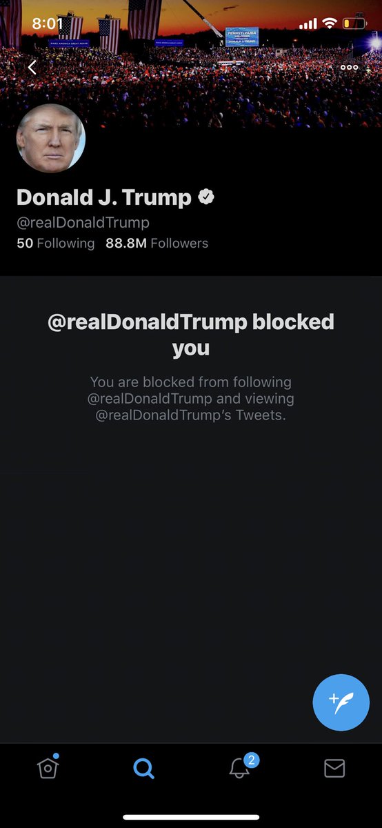 denzelcanvas's tweet photo. DONALD TRUMP HAS LITERALLY BLOCKED ME ON THIS BIRD APP BECAUSE OF A VIRAL TWEET. A W. https://t.co/spxiWktusU