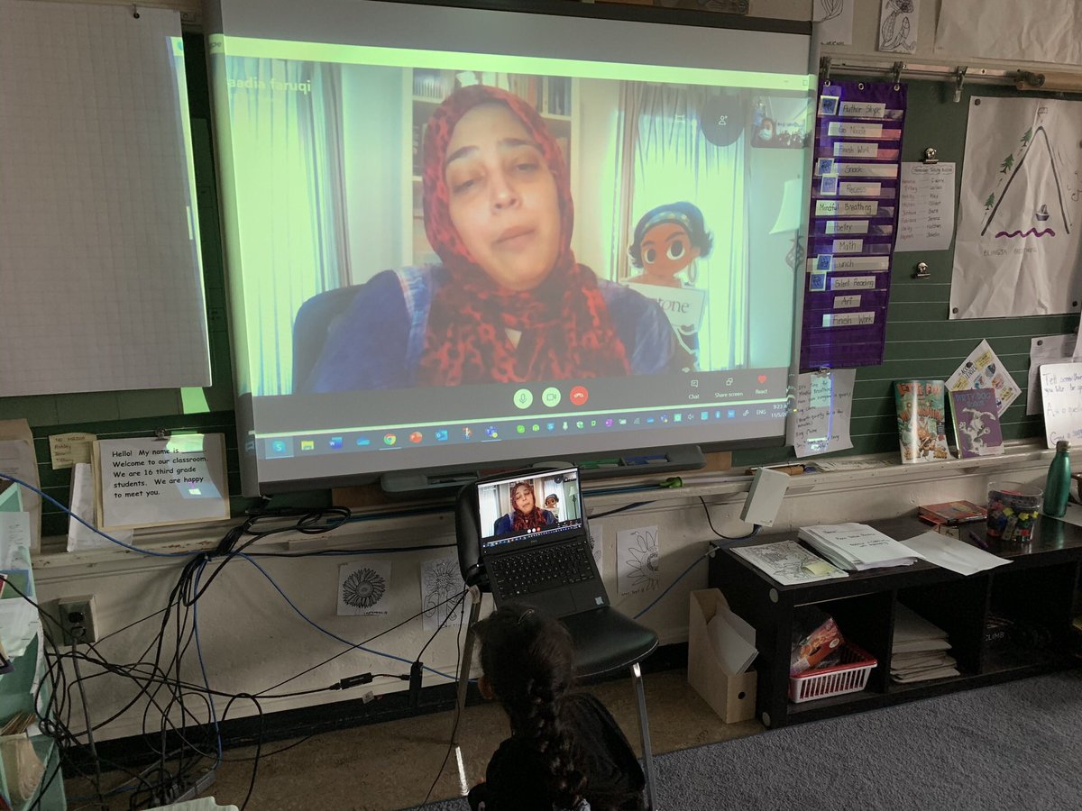 bibliosmartgirl's tweet photo. A huge thanks to @SaadiaFaruqi for Skyping with my third graders. They found out she started writing at their age. Saadia was inspirational. We learned so much about the writing process. #Skype2learn #writing #kidlit #writingprocess https://t.co/rGGuc8f3Hm