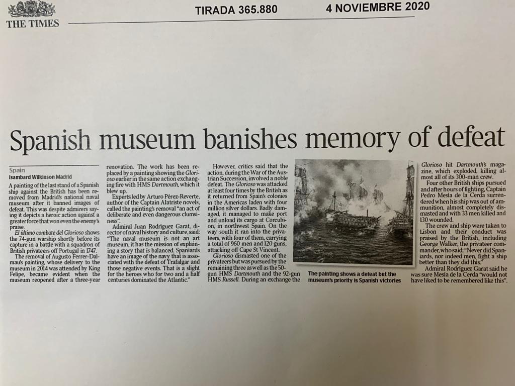 perezreverte's tweet photo. "The Times" dedica un artículo a la retirada del cuadro de El Glorioso del @Museo_Naval: "Nunca los españoles pelearon en un barco mejor que a bordo de éste"... Espero que lo lea el almirante que afirmó que el capitán Mesía de la Cerda no habría querido que lo recordaran así. https://t.co/FFAMcBBgiT
