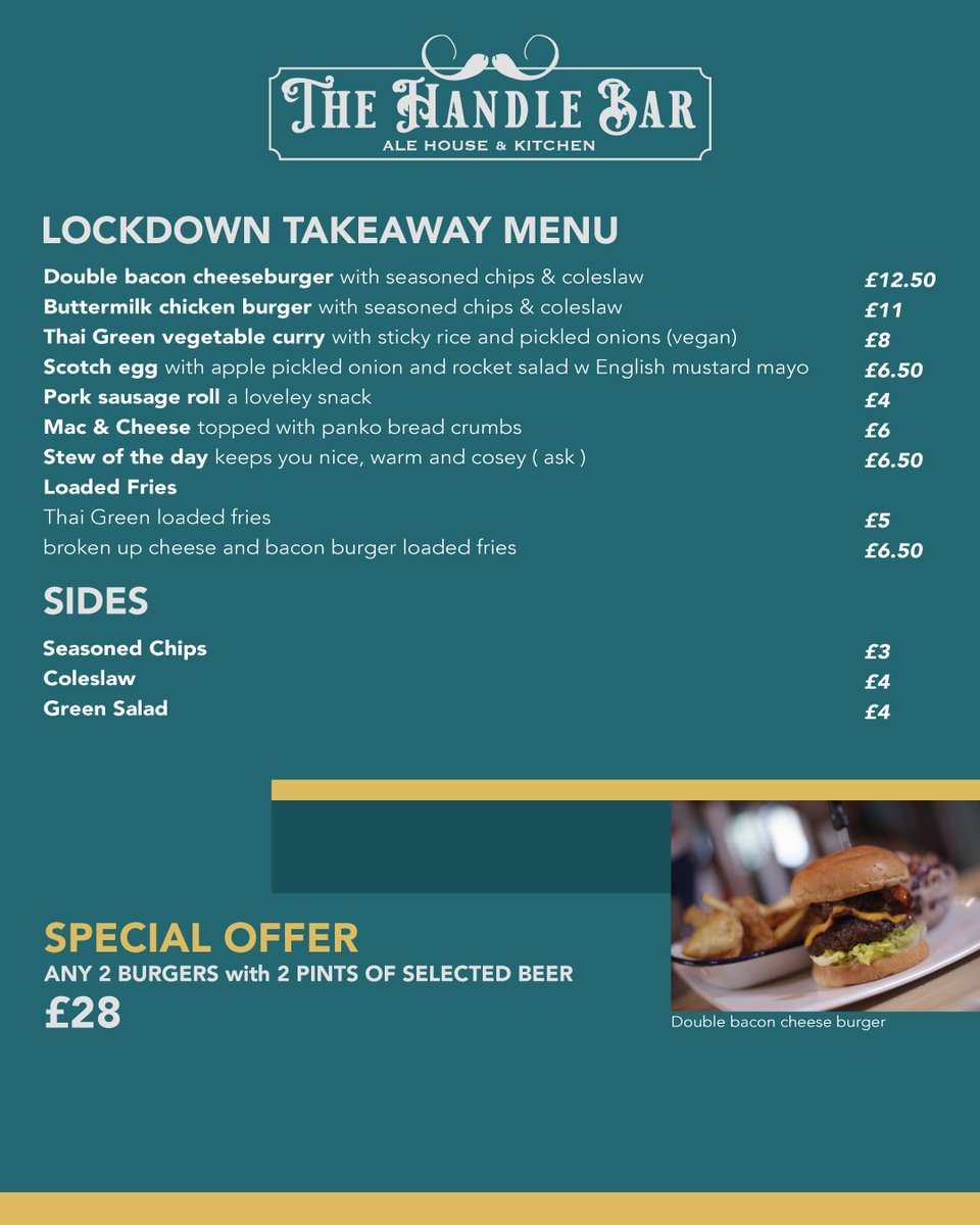 Thehandlebarale's tweet photo. The new TAKEAWAY LOCKDOWN MENU.
 Message/Call to Pre-Order (no walk-ins). Enjoy our Special offer! Any 2 Burgers+2 Pints of selected Beers for £28. 🍔🍔🍺🍺
#southampton #foodists #lockdownmenu #southamptonbars #southamptontakeaway #southamptontakeout #southamptonbusinesses https://t.co/o9gNsUh7Y9