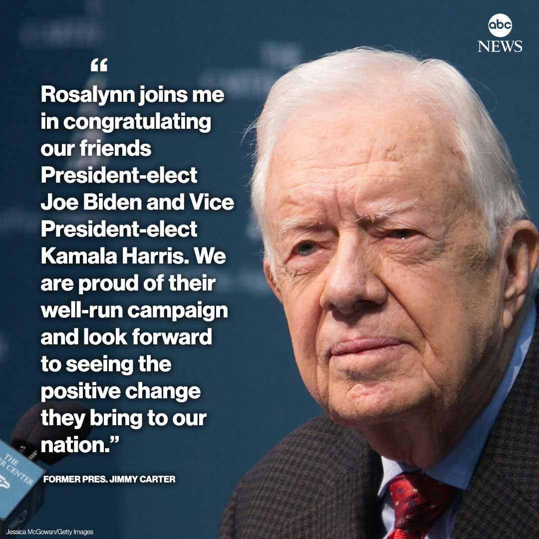 ABC's tweet photo. Former Pres. Jimmy Carter congratulates Joe Biden and Kamala Harris: "We are proud of their well-run campaign and look forward to seeing the positive change they bring to our nation.” https://t.co/hwXIeQ4dAQ https://t.co/KWMRkmq8os