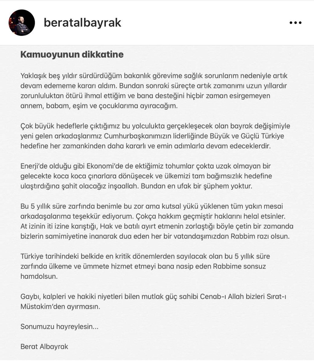 Hazine ve Maliye Bakanı Berat Albayrak istifa ettiğini instagramdan duyurdu