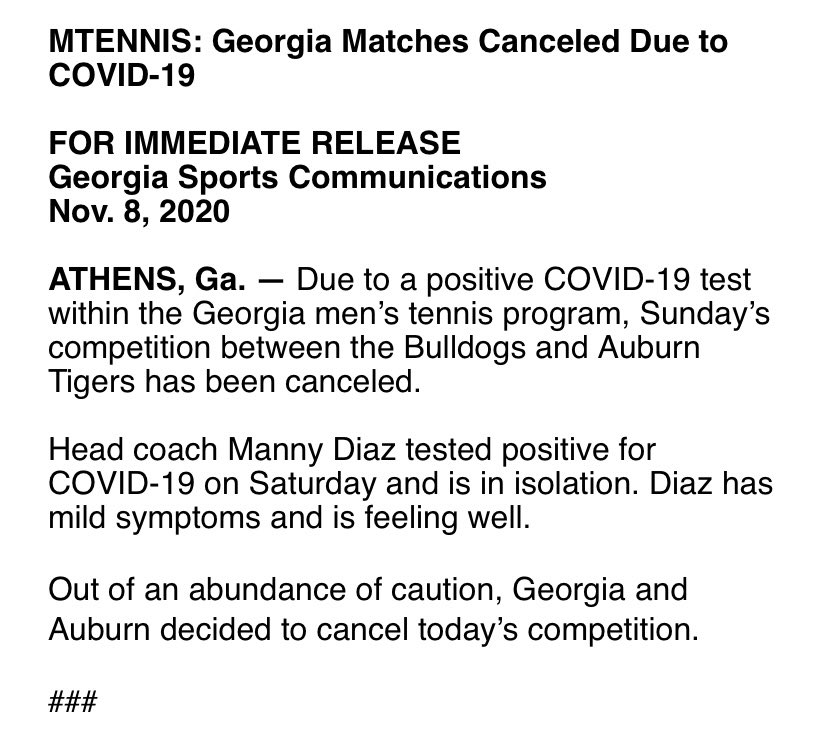UGAtennis's tweet photo. Information regarding the cancellation of today’s matches. https://t.co/5JL4IpLjbC