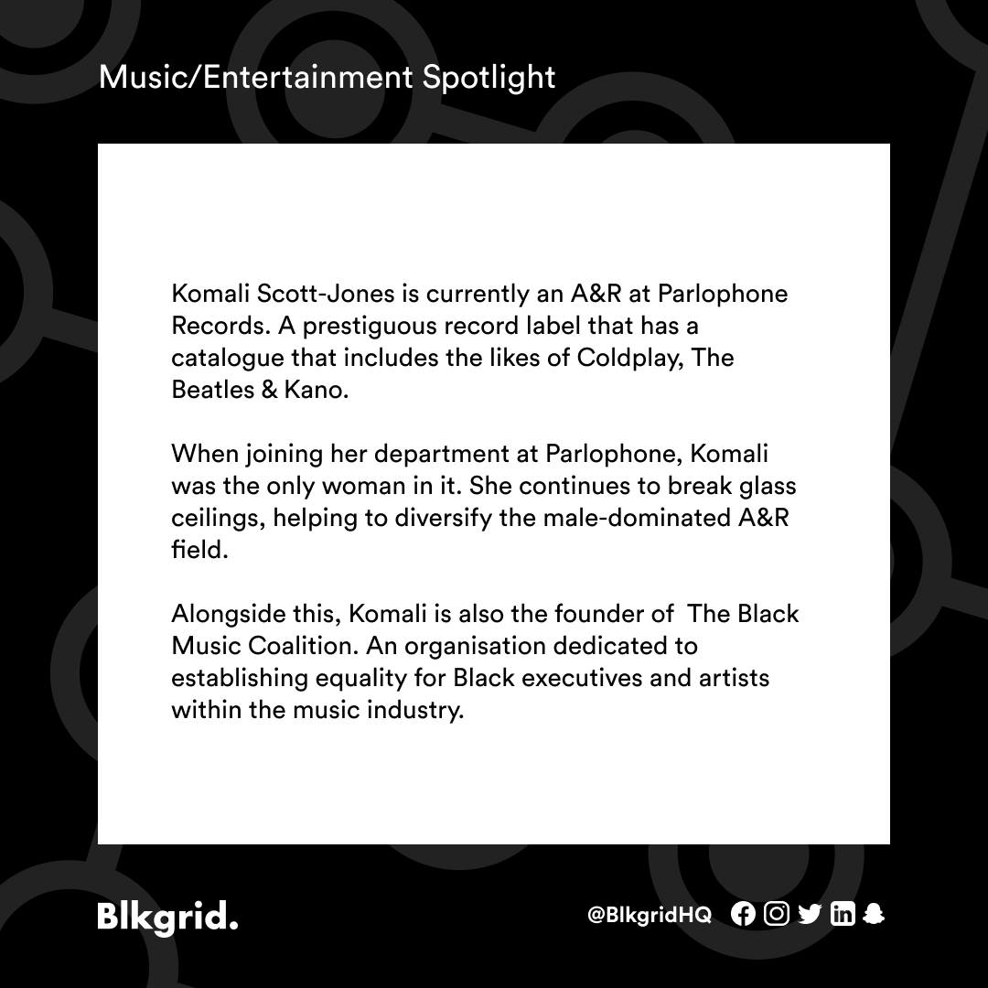 blkgridhq's tweet photo. It's Sunday and Blkgrid is giving you a triple bill of spotlights. Our first one is Komali Scott-Jones - Komali is an A&R for Parlophone Records. She is also the co-founder of the Black Music Coalition. #Blkgrid #BlkgridSpotlight https://t.co/ABfjrBUxdG