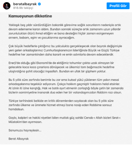 sputnik_TR's tweet photo. Hazine ve Maliye Bakanı Berat Albayrak'ın Instagram hesabından 'istifa açıklaması' yapıldı: Konuya ilişkin bakanlıktan henüz resmi bir açıklama yapılmadı
https://t.co/Q2HTZS6mXM https://t.co/uFbbj7EwJF