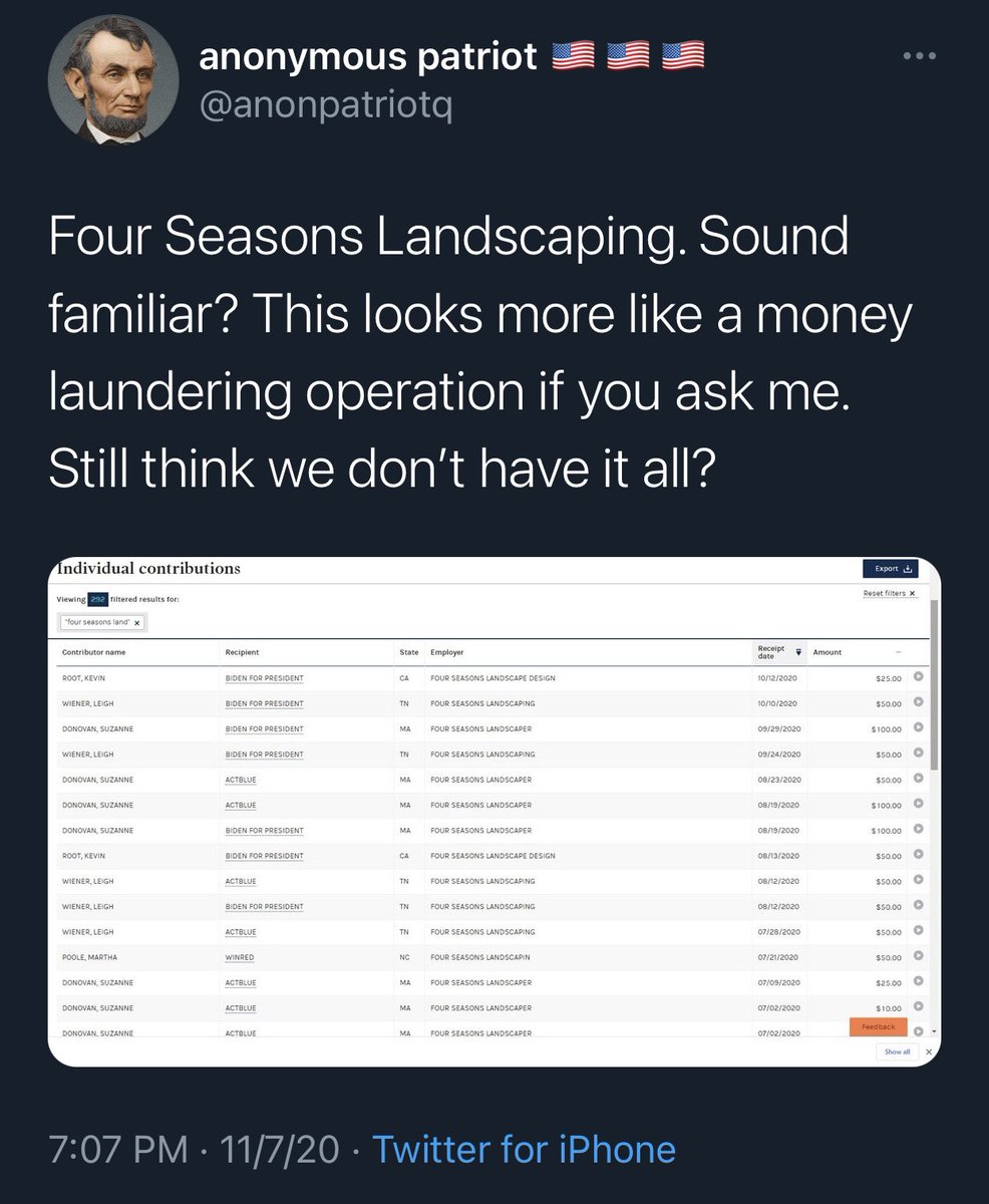 flyosity's tweet photo. Thousands of MAGA QAnon morons think that the Trump team’s Four Seasons Total Landscaping screwup is actually an important message signaling... well, nobody knows. But something BIG and important. https://t.co/rMOWsvK2A4