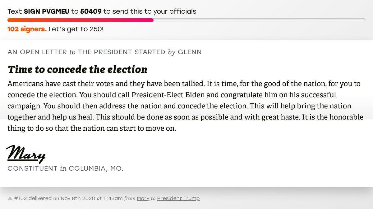 openletterbot's tweet photo. 🖋 Sign “Time to concede the election” and I’ll deliver a copy to your officials: https://t.co/AIK5IoVX8o

📨 No. 102 is from @flutegirlmary to @realDonaldTrump #MO04 #MOpolitics https://t.co/ft1tvoVqfS