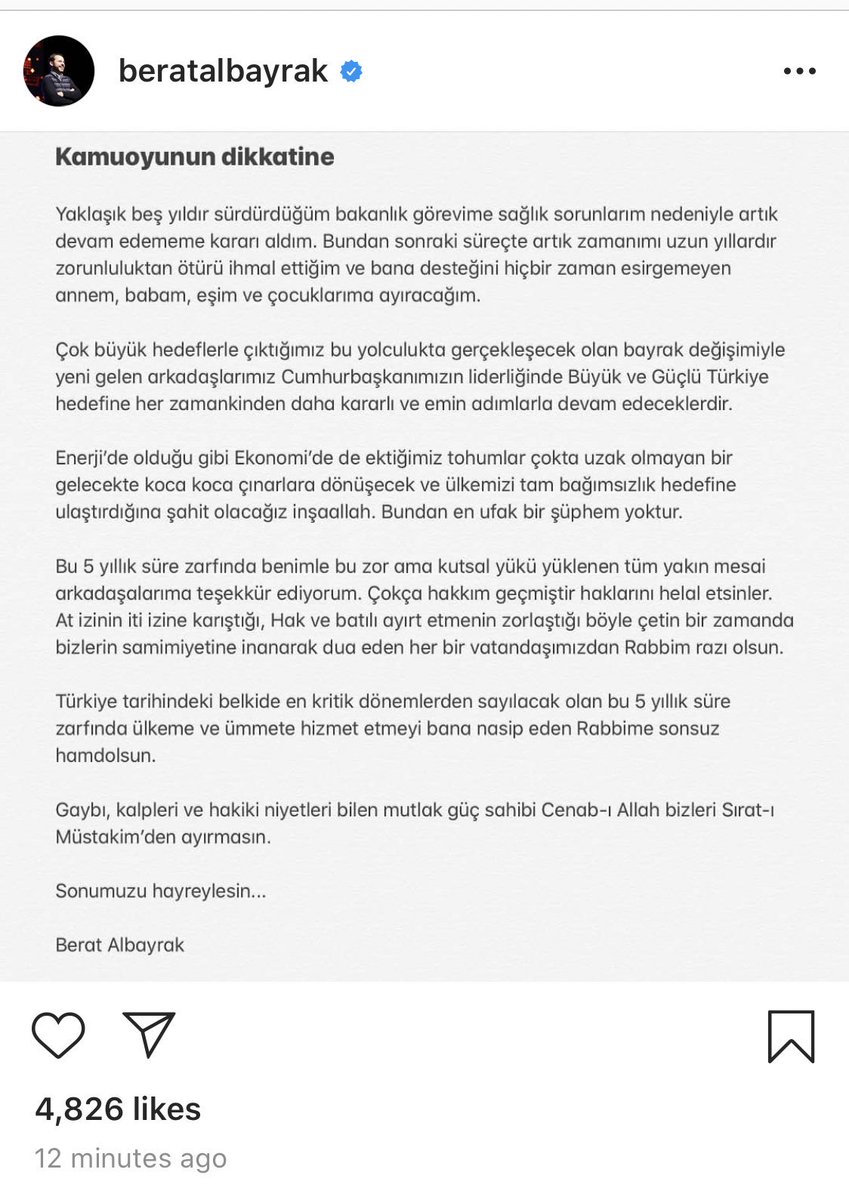 p_zalewski's tweet photo. Major news out of Turkey. Erdoğan’s son-in-law Berat Albayrak has resigned as finance minister, according to his Instagram page. 

This comes less than 48 hours after Erdoğan sacked the central bank governor. https://t.co/WxcozFQniO