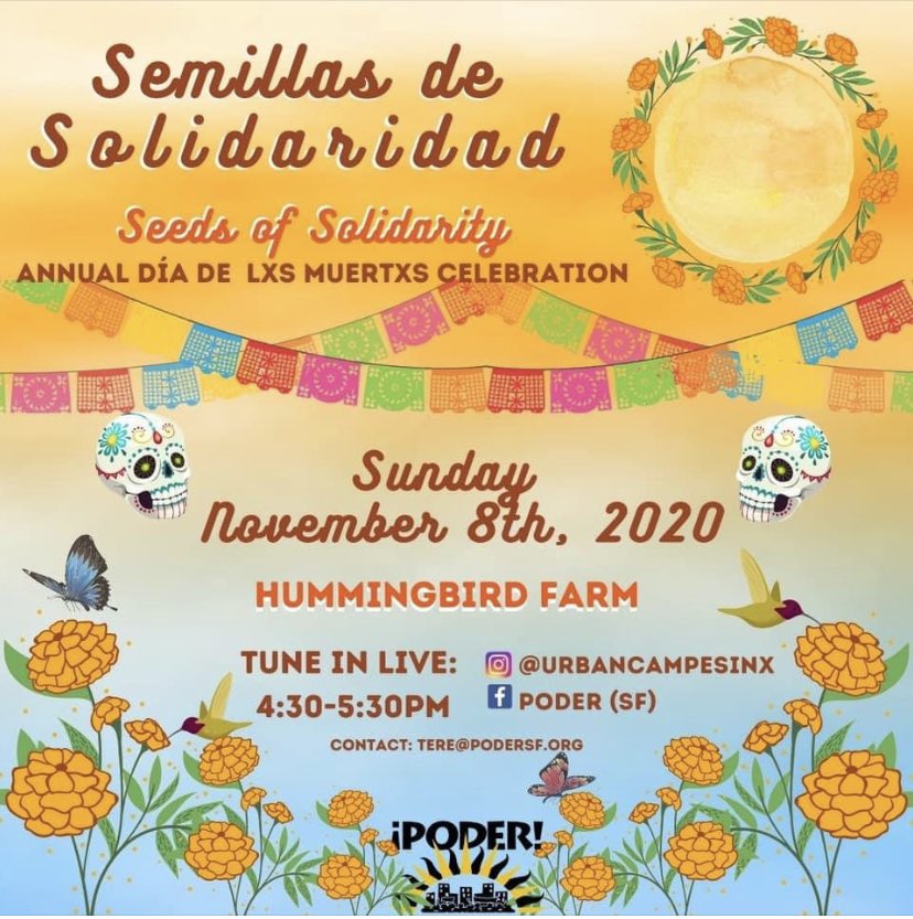 PODERSF's tweet photo. “We are each other’s medicine”
Join us virtually to celebrate our annual Dia de Lxs Muertxs on Sun, Nov. 8th, to honor our ancestors &amp; plant the seeds of solidarity we need for justice &amp; healing in our communities. #UrbanCampesinx #HummingbirdFarm #inlakesh https://t.co/alXyqxMbF2