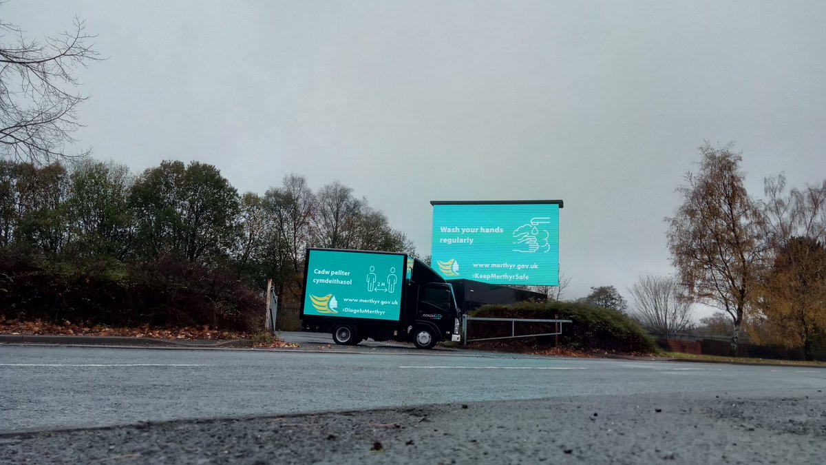 istadia's tweet image. A bit of a wet day up in @MerthyrCBC today but still crystal clear pictures on the led screens providing big impact #COVID19 messaging. #mobileled #mobilemessaging #ledscreens #technology #StaySafe