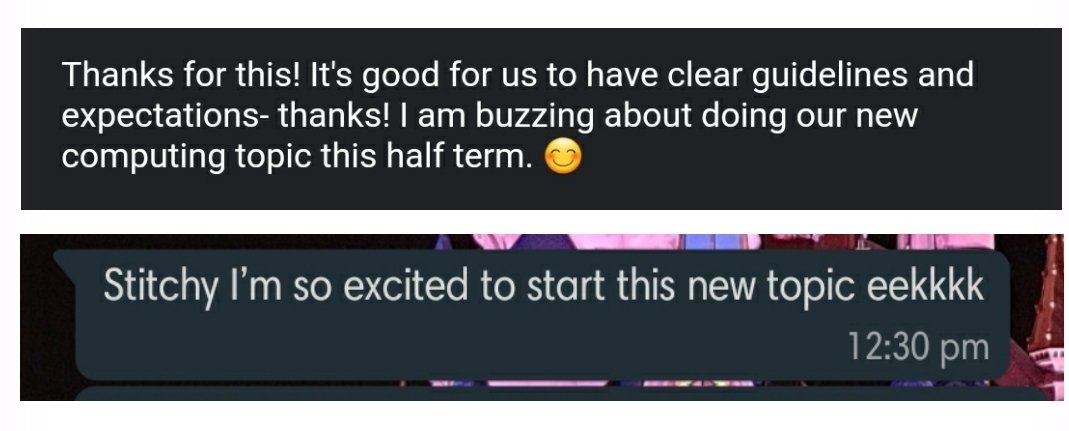 Emma_Stitch's tweet image. Nothing better than receiving messages from colleagues who are excited to teach your subject #computinglead #edutwitter #teacherlife #subjectlead #computing #passionate #makesmyheartfeelfull #sohappy #teamwork #Sundaymotivation