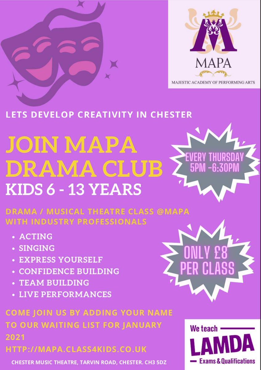 mapaschool's tweet photo. Pleased to announce our waiting list for #drama club January 2021 π
#Chester #cheshire #dramaclass #PerformingArts #musicaltheatre #singinglessons #acting #Pianolessons #guitarlessons #MajesticAcademy #MAPA #letsdevelopcreativityinchester https://t.co/ZcOZs48esj