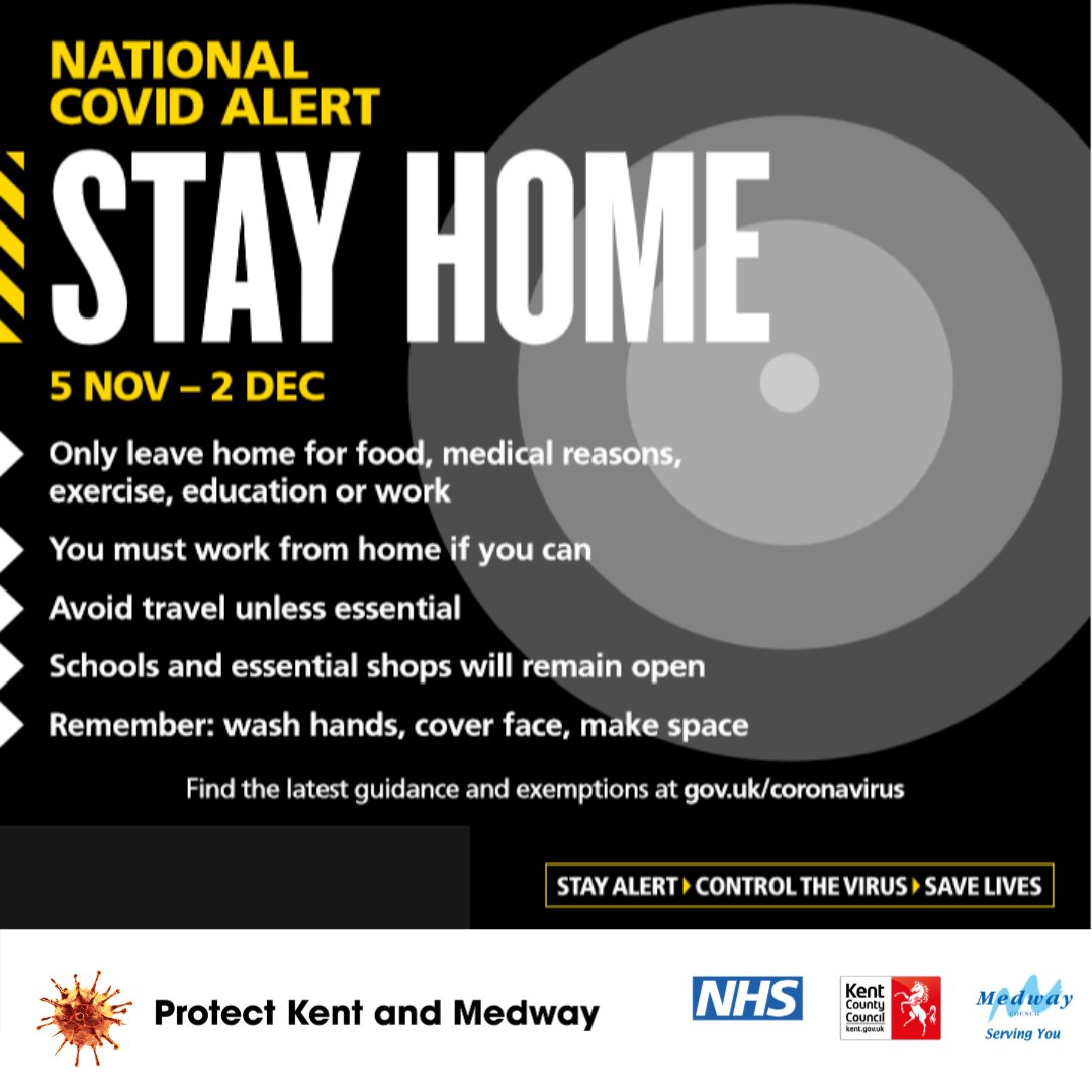 You must stay at home and help protect Kent and Medway.
For more information about the number of cases in your area visit - kent.gov.uk/covidcases

#protectkentandmedway #KentTogether