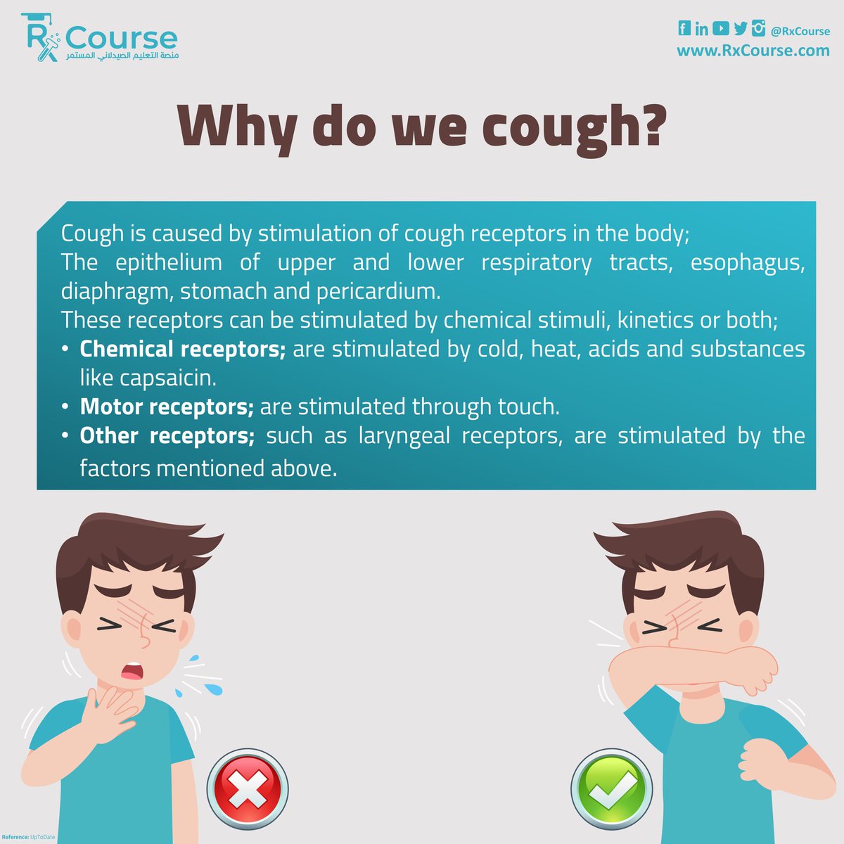 Rx_Course's tweet photo. Coughing is very common, and it is known as a reaction by the body through which it keeps the throat and airways clean
Have you ever asked yourself what are the causes of cough?
#Rxcourse #Health #Medical_Information #Medicine
#Cough #receptors #protection #defense https://t.co/TdYx0n609O