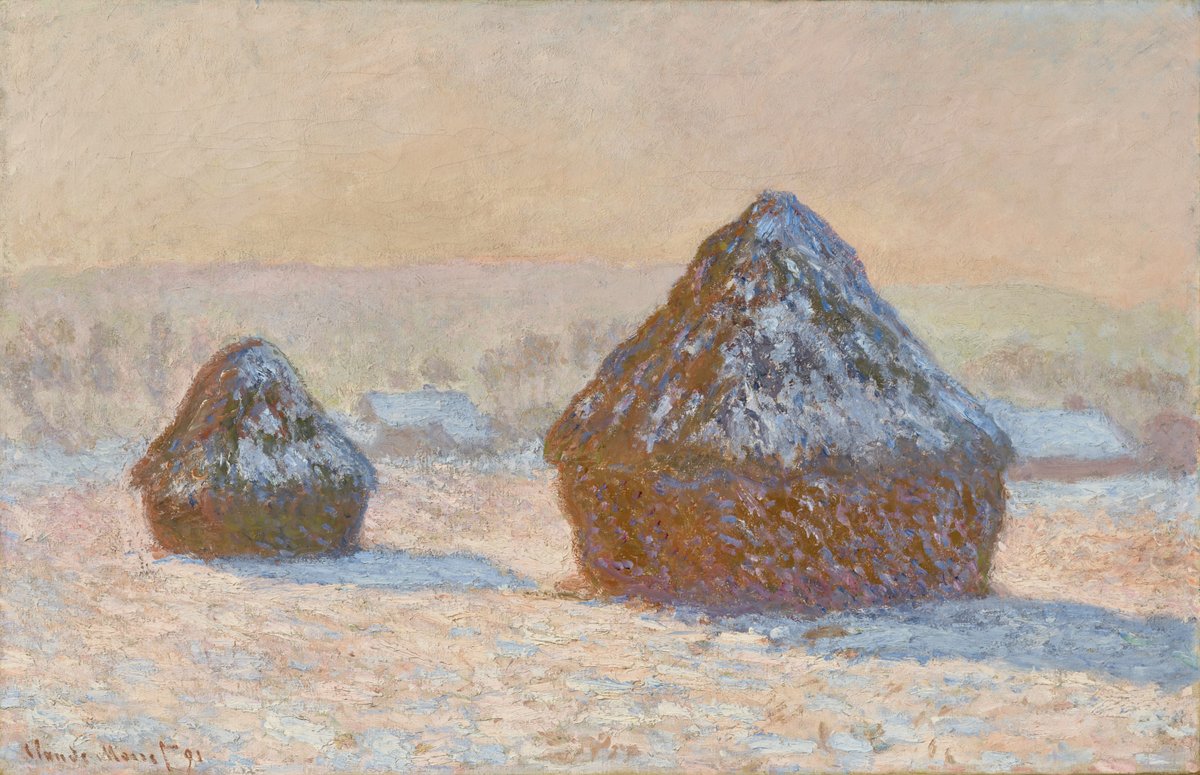 GettyMuseum's tweet photo. Good morning! 

Claude Monet painted this pair of wheat stacks in the morning, capturing the cool tones of dawn in winter as the warm sun rises to begin a new day. #MuseumMomentofZen https://t.co/8A2BY1BhAm