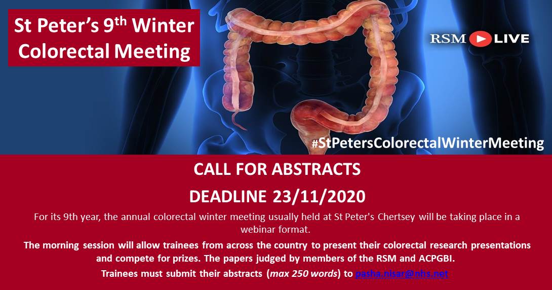 vanessabrown81's tweet photo. St Peter's 9th Winter Colorectal Meeting

Call for abstracts
Deadline Monday 23/11/2020

email pasha.nisar@nhs.net

Registration free!

#StPetersColorectalWinterMeeting
@RoySocMed https://t.co/75twt9FlYv