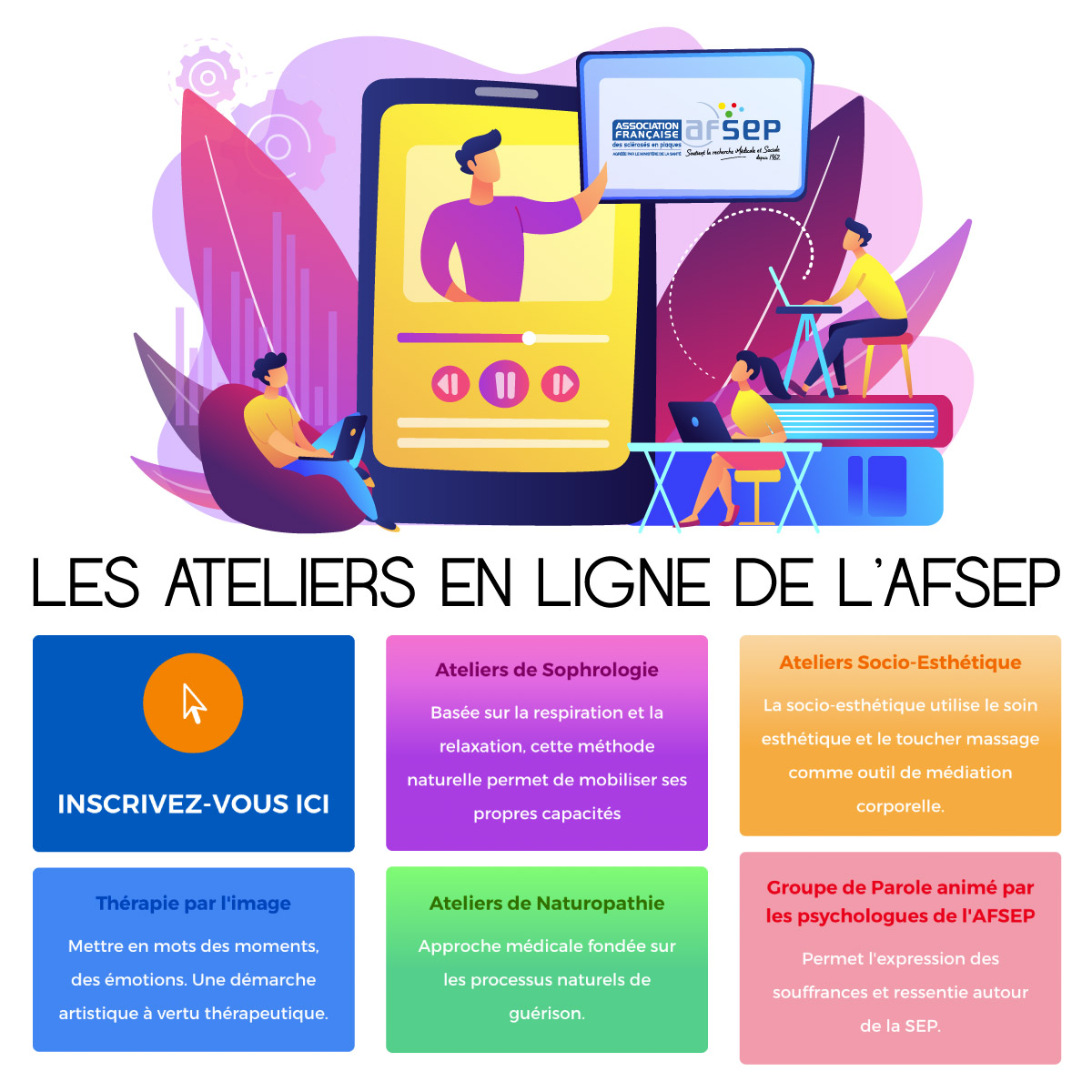 L'AFSEP est heureuse de vous proposer dès demain des visioconférences. L'inscription préalable est obligatoire. Les réunions se tiendront par groupe de 8 personnes.
Un atelier par jour est disponible, faite votre choix. 
Pour les inscriptions : afsep.clickmeeting.com
#sep #afsep