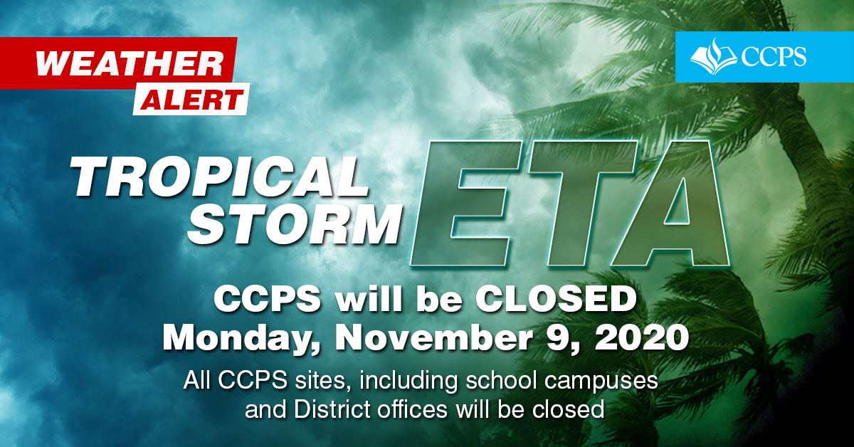 collierschools's tweet photo. All CCPS schools/worksites will be closed tomorrow (Mon. 11/9) due to effects of Tropical Storm Eta. Monitor https://t.co/dNjIdycglF for updates. Click link for full update https://t.co/3kQxCzcFCb https://t.co/4fBrhBFakO