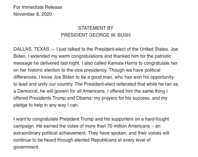 JDiamond1's tweet photo. Fmr. President George W. Bush becomes the most prominent Republican to congratulate President-elect Joe Biden.
Bush says he spoke with Biden today &amp; "extended my warm congratulations and thanked him for the patriotic message he delivered last night." He also spoke with Harris https://t.co/EMagXR0y2a