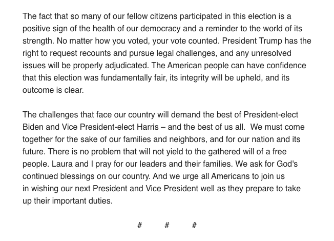 JDiamond1's tweet photo. Fmr. President George W. Bush becomes the most prominent Republican to congratulate President-elect Joe Biden.
Bush says he spoke with Biden today &amp; "extended my warm congratulations and thanked him for the patriotic message he delivered last night." He also spoke with Harris https://t.co/EMagXR0y2a