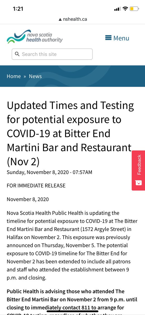 This morning,  @nshealth published on their website at 7:57am a new advisory that everyone who was at The Bitter End on Monday should get tested regardless of symptoms. I called 811 to schedule my test around 9:30am (5/8)