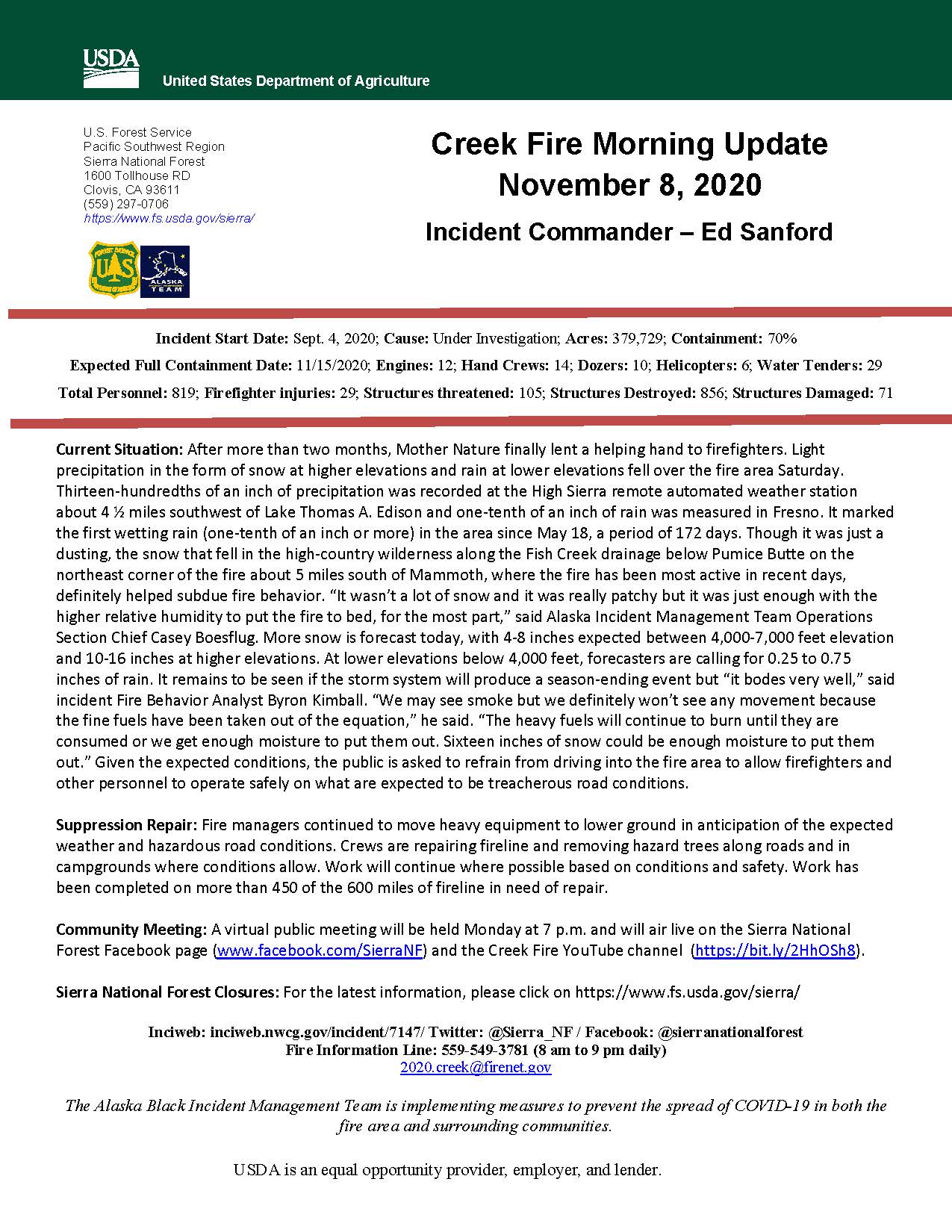 Sierra Ntl Forest Creekfire Update For Sunday November 8 A Miniscule 13 Acre Increase In Total Acreage For A Downloadable Pdf Version Of The Update Go To T Co Tl4gvziuaw Fireyear T Co Yhsgygr3ax