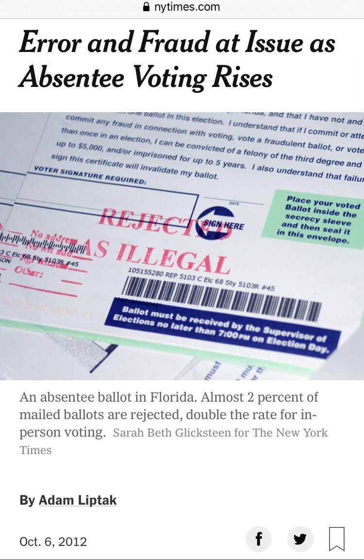 “Error and Fraud at Issue as Absentee Voting Rises.” - NYT Oct 6, 2012.I take issue with those who take issue that Trump claims there may be voting fraud.It was a standard claim by Gore 2000; Kerry 2004 (OH) and more recently by the NYT especially on mail ins.