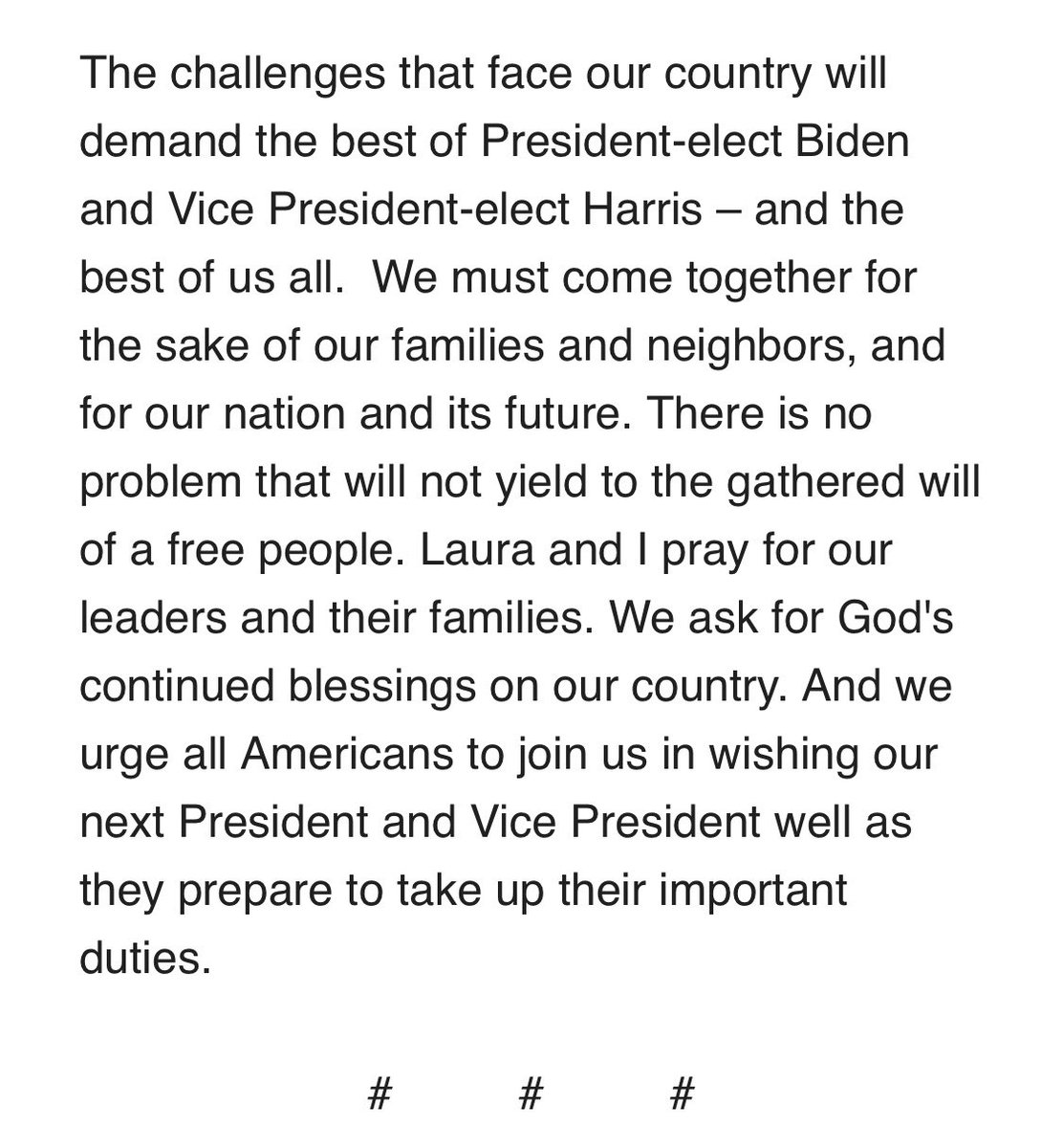 jaketapper's tweet image. Former President George W. Bush: “I just talked to the President-elect of the United States, Joe Biden. I extended my warm congratulations and thanked him for the patriotic message he delivered last night...”