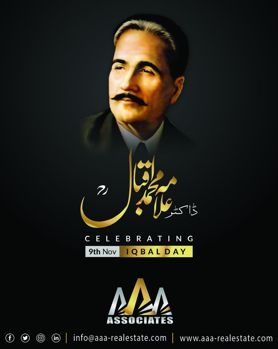 AaaAssociates's tweet photo. 9 November 1877 till Forever
Sir Allama Muhammad Iqbal was perhaps the only leader who practically proved that "the pen is mightier than the sword." 
#iqbalday #NationalPoet #Legend #Muslimscholar #AllamaIqbal #dayofpride  #Pakistan #AAARealestate #AAAAssociates https://t.co/kzkGrqStpk