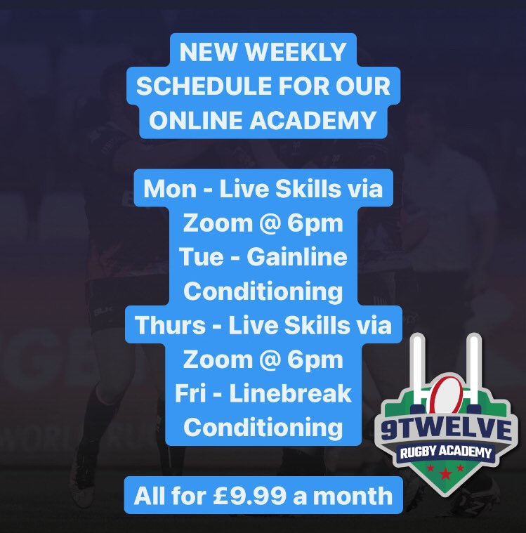 New weekly schedule for our Online Academy. All available for £9.99 a month. 

2 x Live Skills via Zoom per week. 
8 x Live Skills via Zoom per month

All coached by Rhys Webb, Ashley Beck or Ben John. 

Train like a Pro, with the Pro’s!!!

@benjaminjohn91 <a href="/ashbeckz/">Ashley Beck</a> <a href="/Rhino_Sport/">Rhino</a>