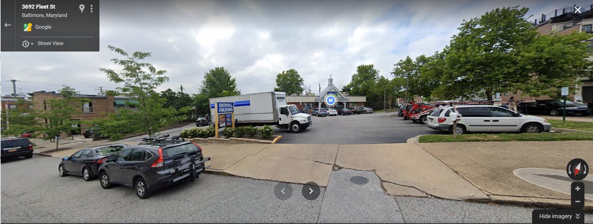 We are still using parking minimums today. This Royal Farms on Fleet and Dean replaced a cluster of rowhomes. And because retail requires a certain number of parking spots per square foot, most of this lot ends up being a parking lot. 8/