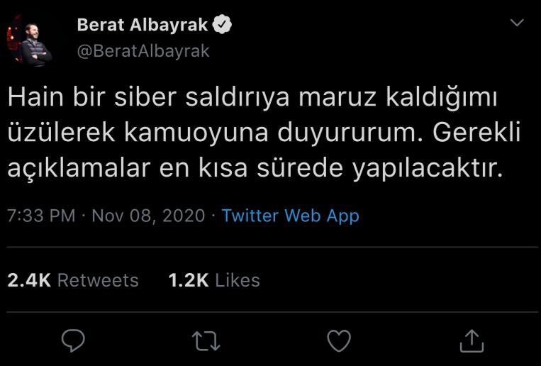 Albayrak’ın hesabı Google Cache üzerinden incelendiğinde de hacklendiğini gösteren bir paylaşım olmadığı görülüyor. Tweet Albayrak'a ait değil. webcache.googleusercontent.com/search?q=cache…