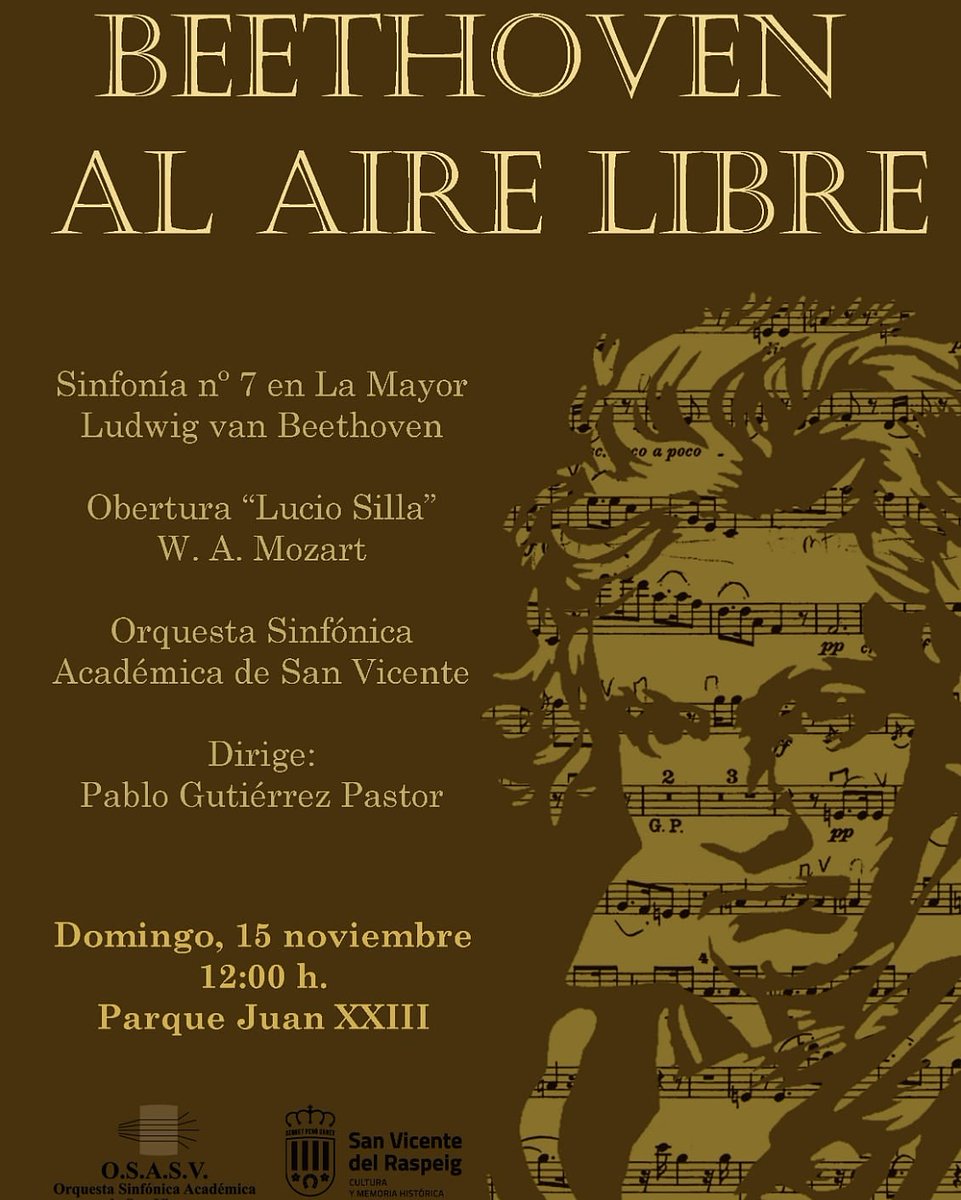 OSASV's tweet photo. Os esperamos el domingo 15 con un concierto muy especial!
•
Beethoven consideró su sinfonía no.7 como "uno de los productos más felices de mis débiles fuerzas", pero siempre rechazó que la obra tuviera un significado extramusical concreto. 
#OSASV
#CulturaSegura

@aytoraspeig https://t.co/E5T0cTvOzQ
