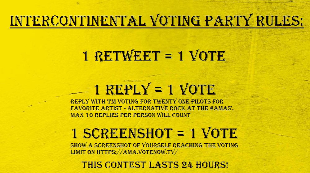 BanditoHub's tweet photo. SOUTH AMERICA! 

I know you guys are insanely dedicated. But will you vote enough to win this entire contest? Prove it on this tweet!

I’m voting for Twenty One Pilots for Favorite Artist – Alternative Rock at the #AMAs https://t.co/dh2a0aWyeK
