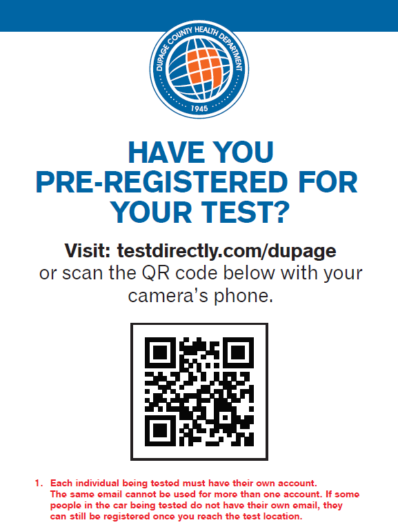 Getting tested at the DuPage #COVID19 Drive-thru test site tomorrow? Plan to arrive early, pack your patience, and help reduce wait times by pre-registering at testdirectly.com/dupage. 

For other mobile testing options, see bit.ly/2U6kZ6L.