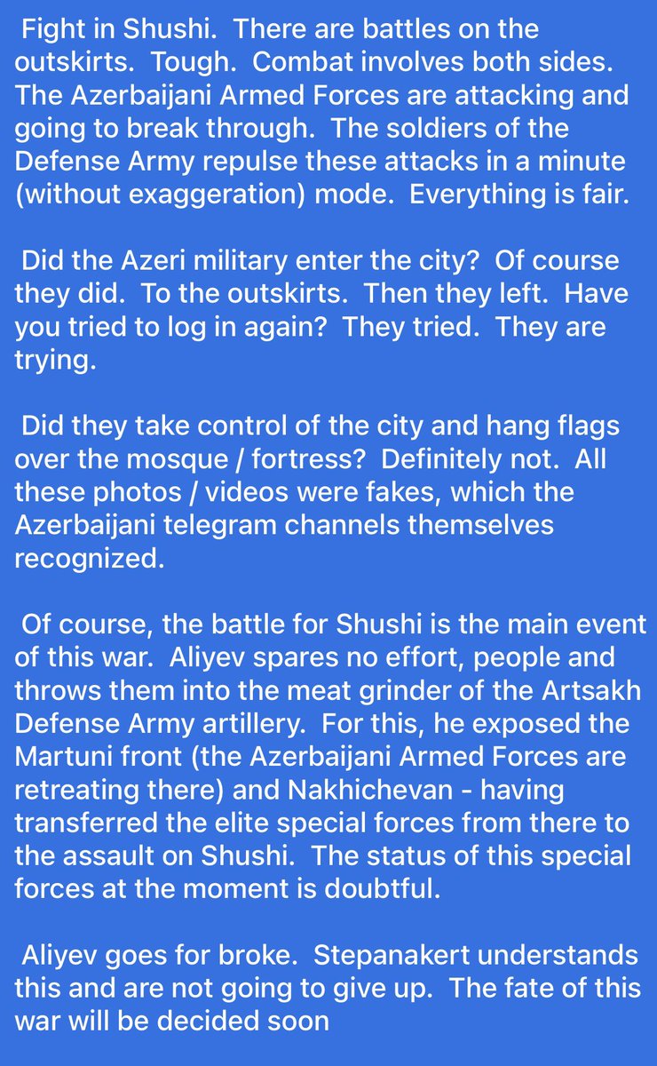 301arm's tweet photo. Wargonzo, Semyon Pegov replies to numerous questions they're getting on the situation in Shushi. https://t.co/EcKOYjNNbM