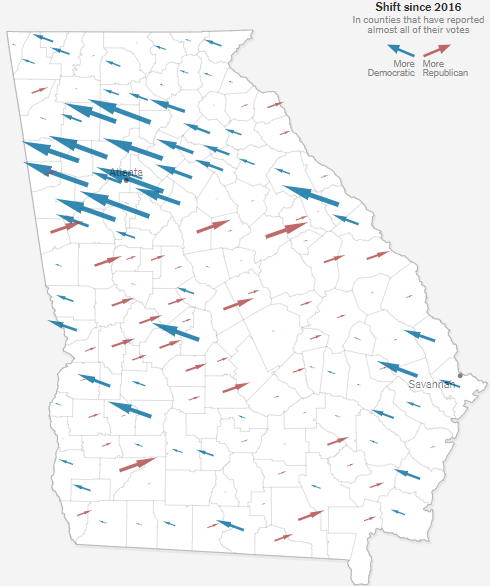  Deux exemples au Texas et en Géorgie, avec des progressions énormes de Biden dans les agglomérations de Dallas-Fort Worth, Austin-San Antonio, Houston et Atlanta. En 8 ans, les démocrates gagnent jusqu'à 35 pts dans certains comtés. Même chose en Arizona et Caroline/nord.
