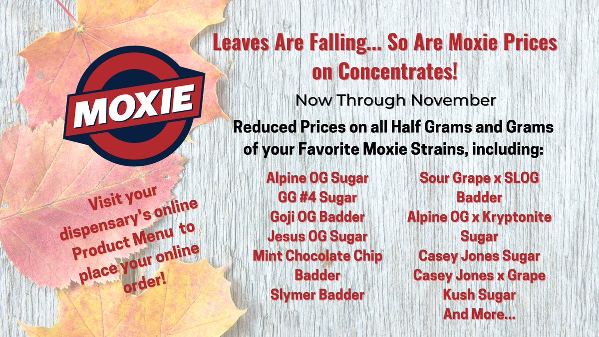 Or_Remedies's tweet photo. Reduced prices on all Moxie Concentrates! Now through November. Visit our online Product Menu to see available Moxie products at your dispensary. #Moxie_PurePenn #Moxie #OrganicRemediesPa #MMJ #MMJPatient #MMJCommunity #AlpineOG #Badder #Concentrates #MMJDispensary https://t.co/R7nJXAyWmw