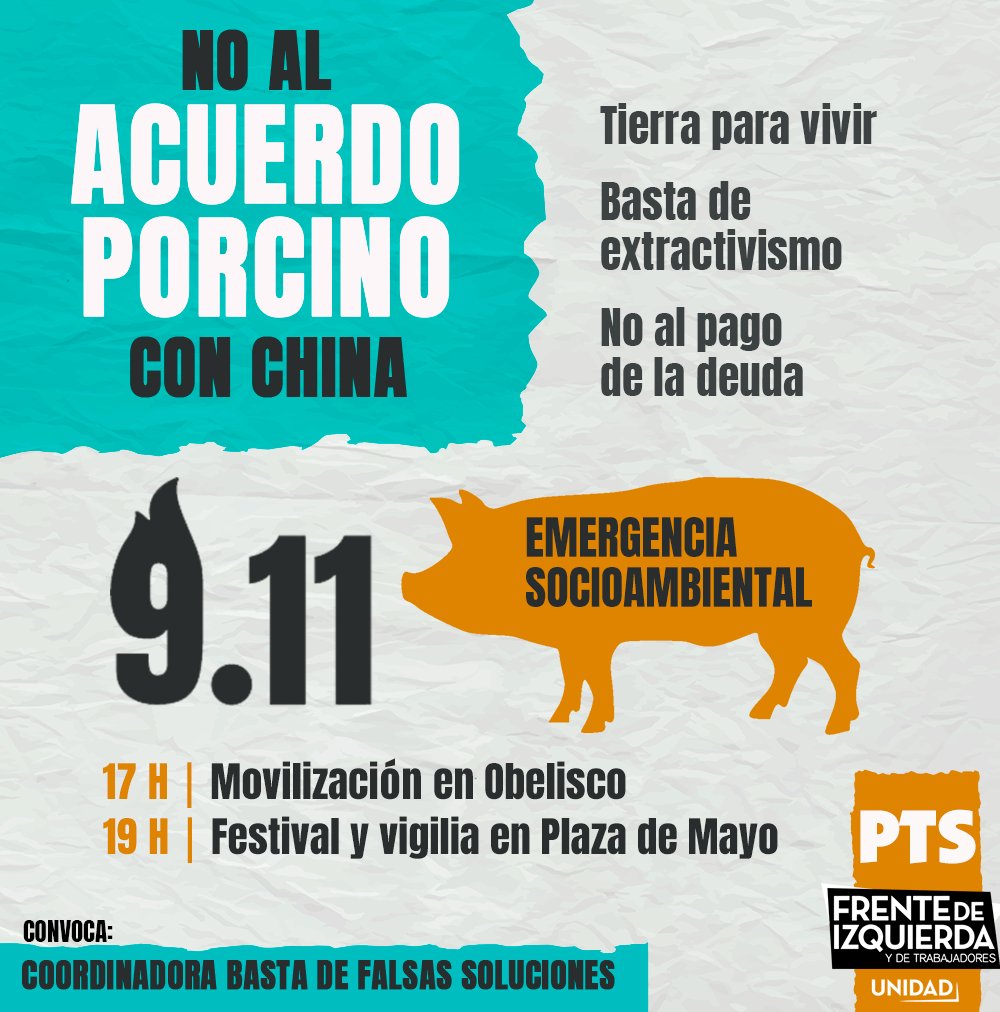✋🏻🐷 #911EmergenciaSocioambiental · Jornada de lucha nacional este lunes: #NoAlAcuerdoPorcinoConChina y el extractivismo al servicio del pago de la deuda ilegal.

Marcha, festival y vigilia en Plaza de Mayo con la Coordinadora #BastaDeFalsasSoluciones: bit.ly/3eBDmdn
