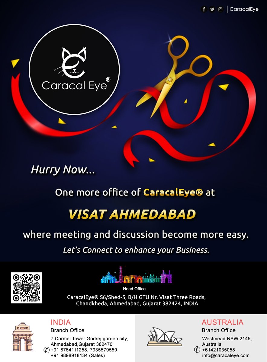 CaracalEye_'s tweet photo. Hurry now, One more #office of @CaracalEye_ ® at visat #ahmedabad where #meeting and #discussion become more ease let's connect to #enhance your #business.
https://t.co/Z2zTr8Oovb
#CaracalEye https://t.co/3EgxsPqFl4